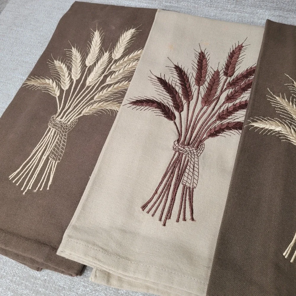 Fall Thanksgiving Wheat Stalks Embroidered Cotton Kitchen Towels Karis Set of 4